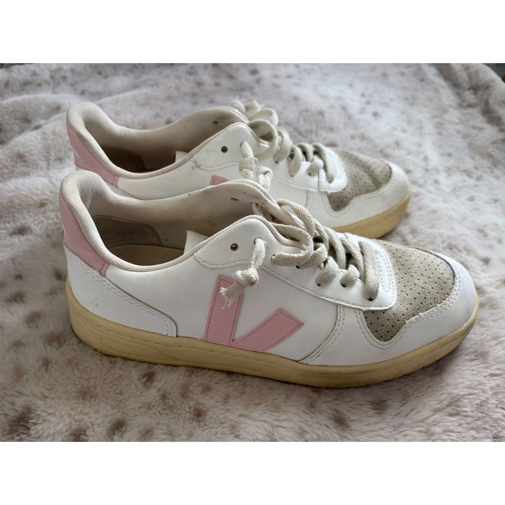 Veja V 10 White Petale Pink Leather Fashion Sneakers Preppy Lace Up Size 7